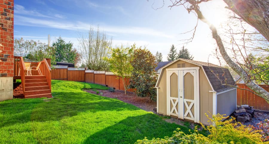 Fenced backyard with storage shed in Scottsdale